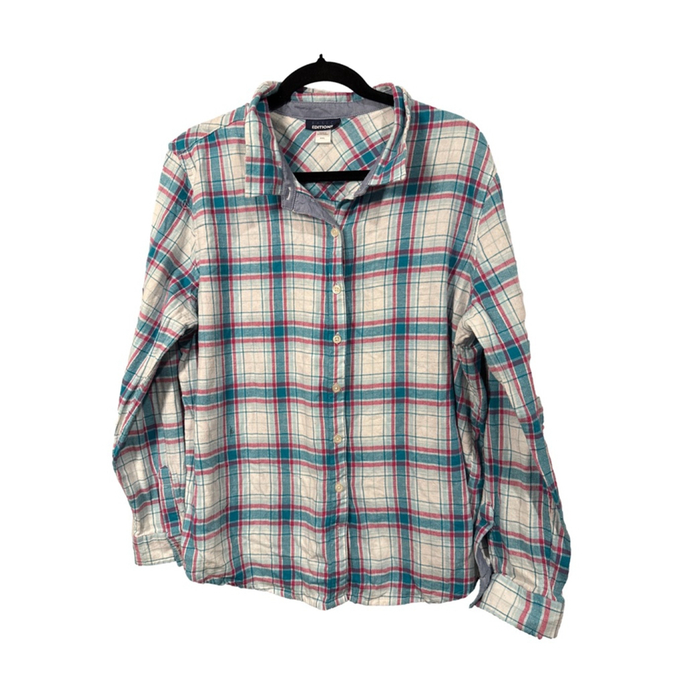 Basic Editions Cream Teal Pink Plaid Flannel Button Down Shirt XXL